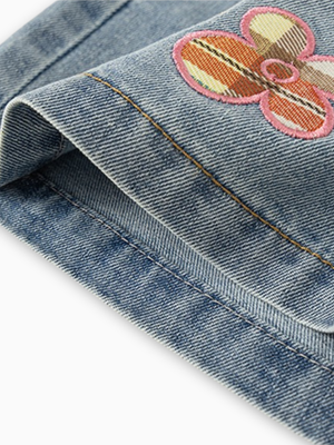 Girl Plaid Flower Applique Denim Shorts