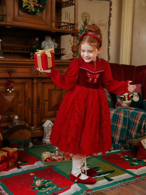 Girl Velvet  Ruffled and Bow  Dress