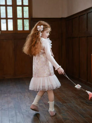 Girl Pink Floral Jacquard Dress with Sweater Set