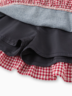Girl Red Gingham Ruffle and Cherry Print Denim Skirt