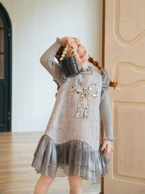 Girl Sequin Grey Knit Dress and Sweater Set