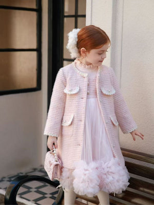 Girl Elegant Pink Tweed Pearl Button Coat