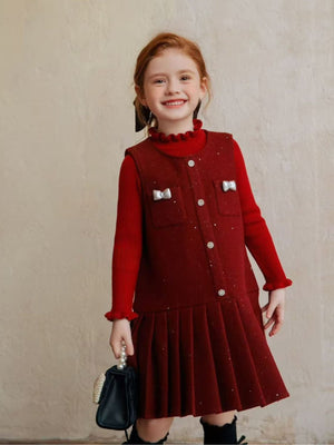 Girl Burgundy Knit Dress and Sweater Set