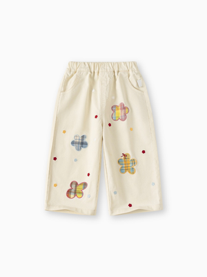 Girl Wide-Leg Patchwork Jeans with Plaid Flower Applique