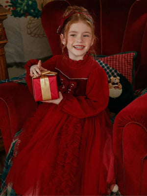 Girl Velvet  Ruffled and Bow  Dress