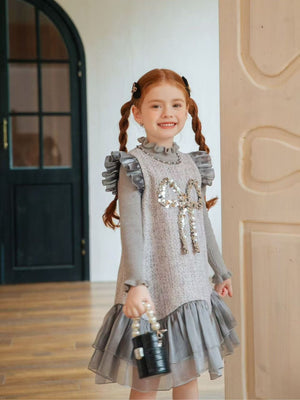 Girl Sequin Grey Knit Dress and Sweater Set