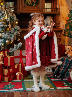 Girl Snowflake Velvet Faux Fur Trim Cape