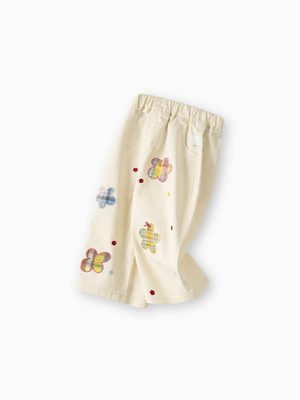 Girl Wide-Leg Patchwork Jeans with Plaid Flower Applique