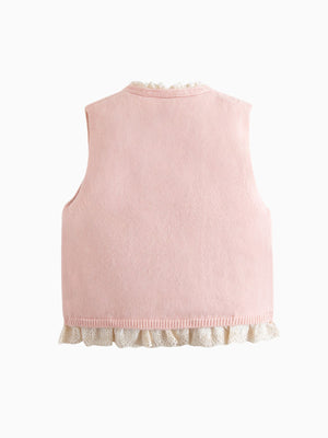 Girl Pink Lace Trim Pocket Sweater