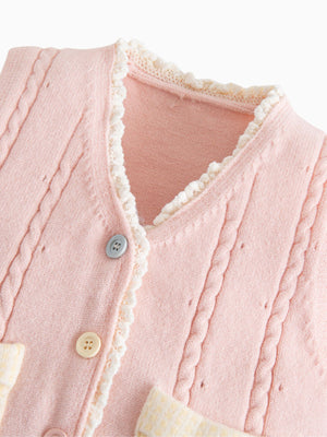 Girl Pink Lace Trim Pocket Sweater