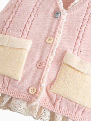 Girl Pink Lace Trim Pocket Sweater