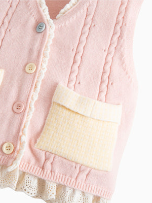 Girl Pink Lace Trim Pocket Sweater