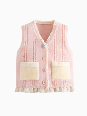 Girl Pink Lace Trim Pocket Sweater
