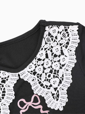 Girl Black Lace Collar Detachable Sleeve Top