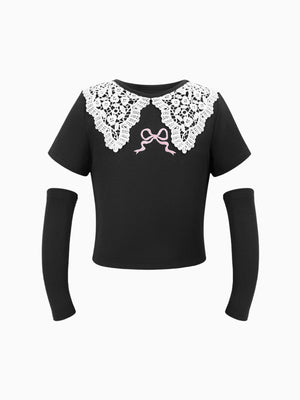 Girl Black Lace Collar Detachable Sleeve Top