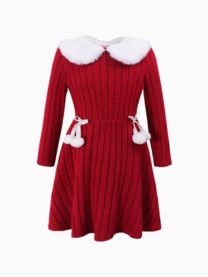 Girls Red and White Faux Fur Collar Winter Dress