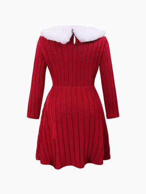 Girls Red and White Faux Fur Collar Winter Dress