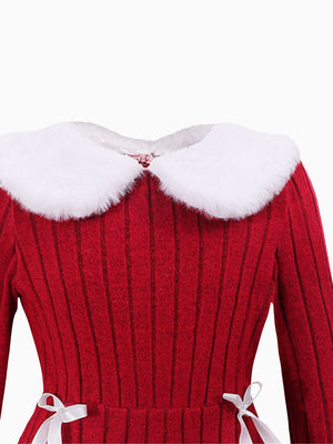 Girls Red and White Faux Fur Collar Winter Dress