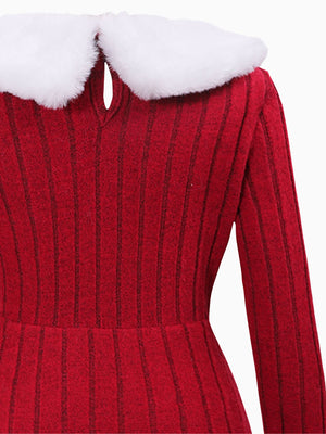 Girls Red and White Faux Fur Collar Winter Dress