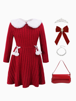 Girls Red and White Faux Fur Collar Winter Dress