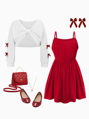 Girl Elegant Red Dress and White Ribbed Top Set