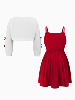 Girl Elegant Red Dress and White Ribbed Top Set