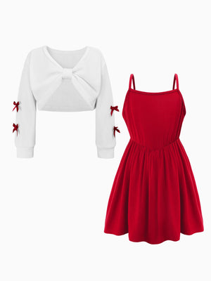 Girl Elegant Red Dress and White Ribbed Top Set